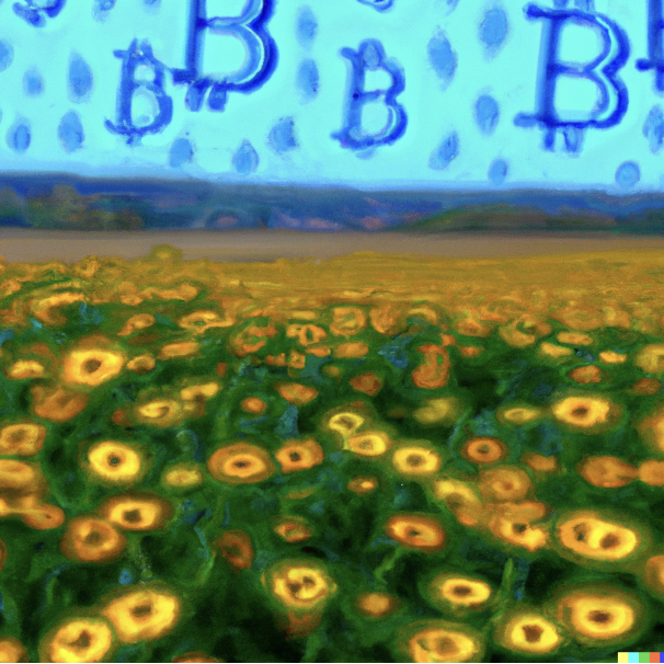  AI-generated image of a field of flowers with blockchain clouds